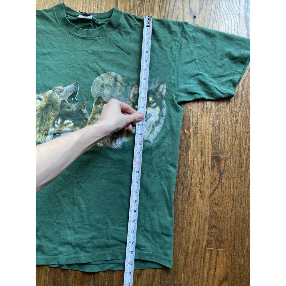 Vintage Wolf T Shirt Mens Large Green 90s Double Sided Native American Signal - Picture 5 of 10